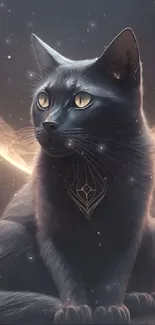 Black cat with crescent moon and stars in mystical night sky.