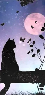 A silhouette of a cat on a branch against a purple moonlit sky with butterflies.