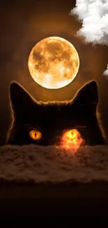 Black cat with glowing eyes under a full moon in a dark night setting.