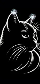 Neon cat silhouette with sparkling ears on a black background.