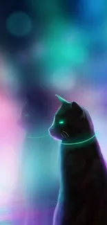 Mystical black cat with neon glow on colorful blurred background.