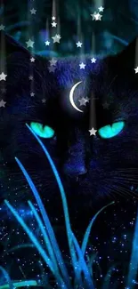 Mystical black cat with glowing green eyes in a dark night setting.