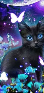 Mystical black kitten under moonlit sky with butterflies and flowers.