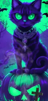 Mystical Halloween cat with neon glow and pumpkin in purple night.