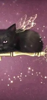 Mystical black cat with wings on a golden key against a purple backdrop.