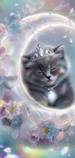 Regal cat on crescent moon with floral accents.