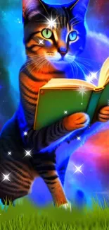 A mystical cat reading a book in a vibrant galaxy full of stars.