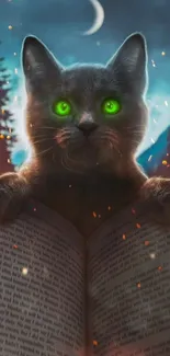 A cat with glowing green eyes reading a book under a crescent moon.