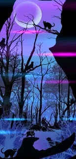 Mystical purple cat silhouette with moonlit forest.