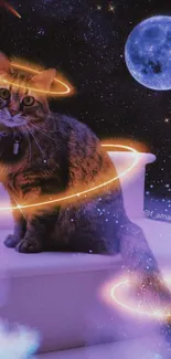 Cosmic cat with glowing rings in a galaxy setting, ideal for mobile wallpaper.