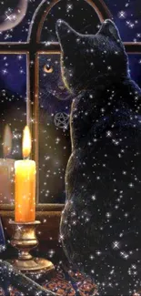 Mystical black cat with candles and stars in a night scene.