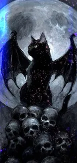 Winged cat silhouette with a mystical moon for a fantasy-themed mobile wallpaper.