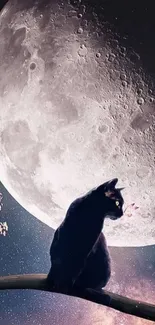 Silhouetted black cat against a full moon in night sky wallpaper.