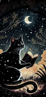 A black cat reads a book under a crescent moon in a starlit, enchanted forest.