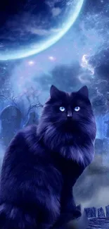 Black cat with glowing eyes against a blue moonlit night sky.