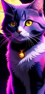 A mystical cat sits under a glowing moon in vibrant neon colors.