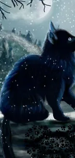 A mystical cat sits under a moonlit winter night with falling snow.