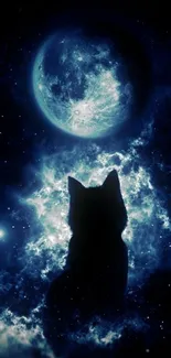 Mystical cat silhouette under a bright full moon and starry night sky.