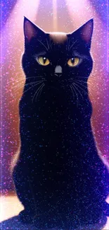 Black cat under purple and pink neon lights with glittering effects.