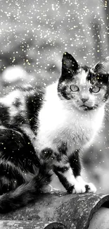 Black and white cat sitting amid falling snowflakes.