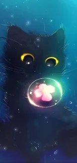 Black cat with glowing eyes underwater, surrounded by bubbles.