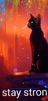 Mystical cat sits on futuristic skyline with 'stay strong' text.