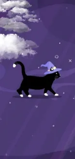 Mystical black cat with wizard hat on a purple starry background.