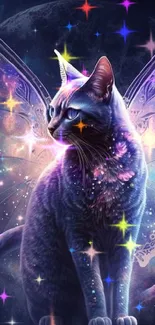 Mystical cat with butterfly wings against a cosmic night sky.