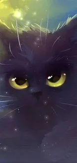 Mystical black cat with glowing eyes in fantasy artwork.