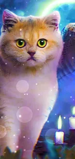 Mystical cat with angel wings glowing in fantasy scene.