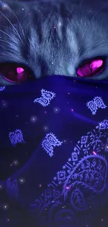 Mystical cat with glowing pink eyes and a dark blue bandana.