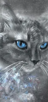 Mystical cat portrait with blue eyes in cosmic art style.