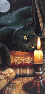 Black cat by candlelight with books and moonlight.