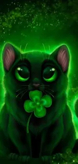 Mystical green cat with glowing clover in magical art wallpaper.