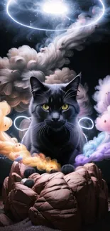 Cat with mystical clouds and magic aura in fantasy art