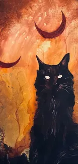 Mystical black cat with crescent moons in a dark, enchanting setting.