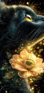 Mystical black cat with glowing eyes and a vibrant flower.