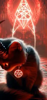 Mystical horned cat with glowing red sigil.