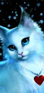 Mystical white cat with a heart pendant and starry night sky wallpaper.