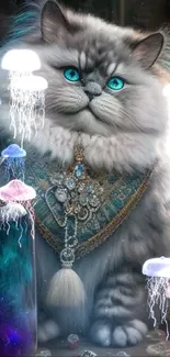 Mystical cat with vibrant jellyfish background wallpaper.