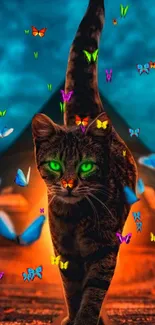 Mystical cat and colorful neon butterflies.