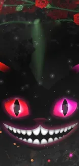 Mystical cat with neon eyes on dark background, floral accents