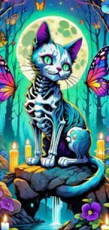 Mystical neon cat in a magical forest with butterflies, moon, and candles.