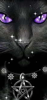 Mystical black cat with purple eyes and pentagram necklace, mobile wallpaper.