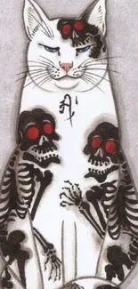 Cat with mystical skeleton design on gray background.