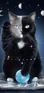 Mystical cat with celestial symbols and stars on a dark blue background.