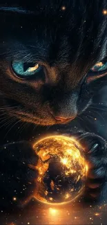 A mystical cat holding a glowing cosmic orb in a dark setting.