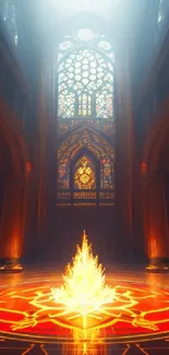 Mystical cathedral interior with glowing central light and stained glass windows.