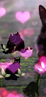 Black cats with pink hearts create a magical phone wallpaper.