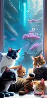 Mystical cats in a moonlit fantasy landscape with ethereal turquoise light.